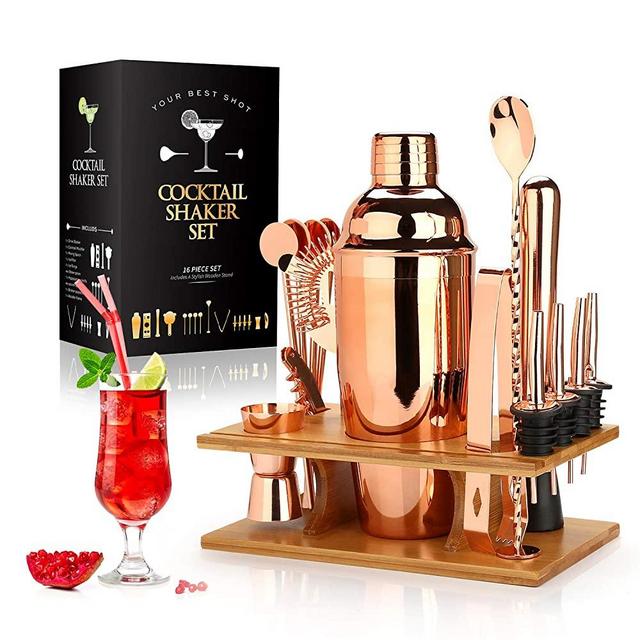 25 oz Cocktail Shaker Set 16 Pcs Mixology Bartender Kit with Stand - Professional Stainless Steel Bartending Kit - Perfect Home Bar Tool Gift Set for Drink Mixing (Rose Gold)