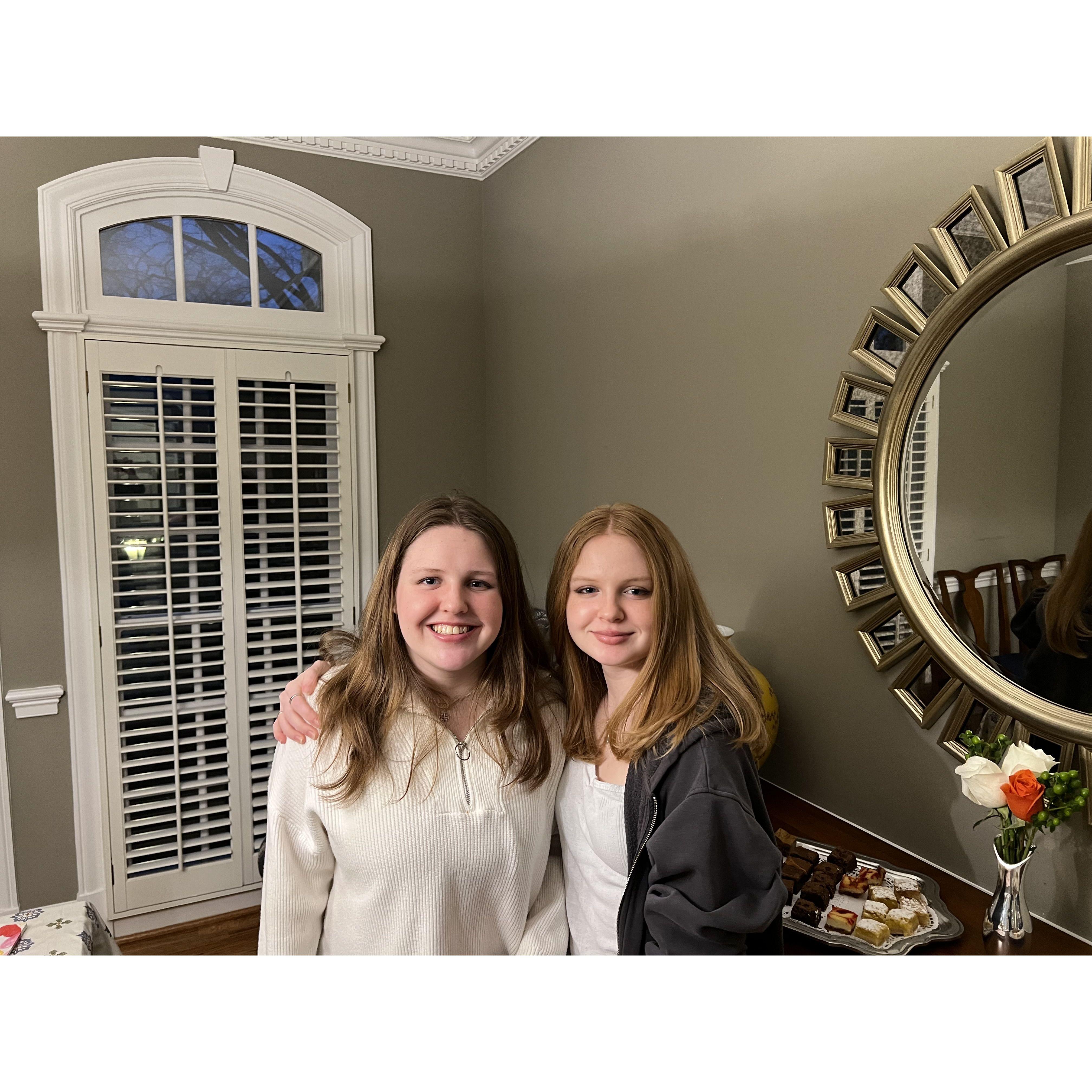 Cousins Evelyn and Grace McCarthy at Abby's engagement party Feb '25