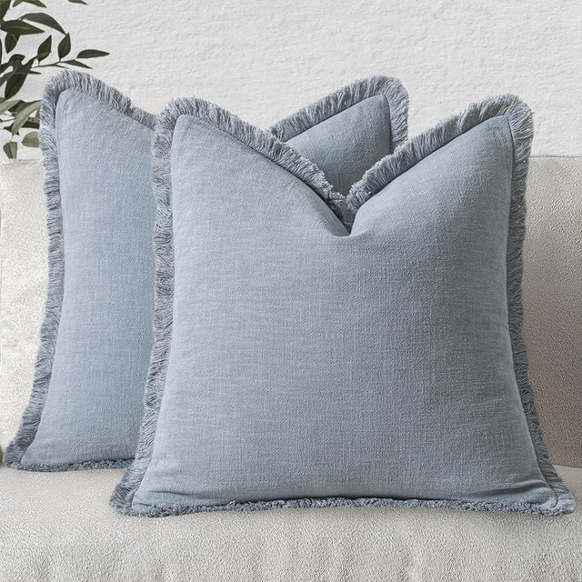 MIULEE Decorative Throw Pillow Covers Neutral Linen Fringe Throw Pillows Euro Shams Set of 2 Light Blue Boho Farmhouse Cushion Covers for Couch Sofa Bed Living Room Spring Home Decor 22x22 Inch