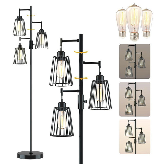 COFF Industrial Floor Lamp, 3 x 1200LM Edison LED Bulbs Included, Bright 3-Light Dimmable Floor Lamp, Farmhouse Tall Standing Lamp for Living Room, Bedroom Office Rustic Home Decor (Matte Black)