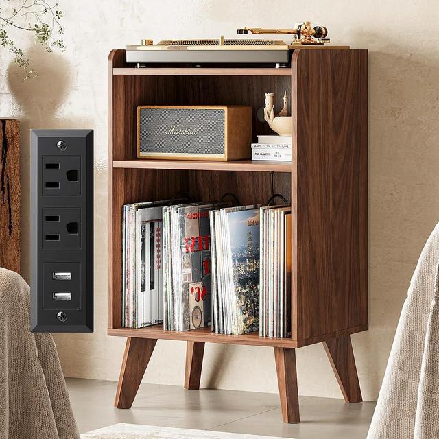 Record Player Stand, Turntable Stand with Record Storage and Charging Station & USB Ports, Record Player Table with Metal Divider, Record Stand Up to 160 Albums for Living Room, Bedroom Walnut