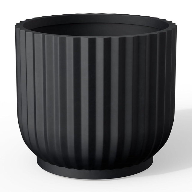 Kante Round Fulted Planter, 11 Inch Dia Large Concrete Plant Pots with Drainage Hole and Rubber Plug, Modern Decor for Indoor Outdoor Plants, Flower, Black