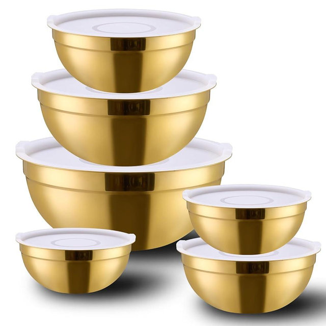 MEADLY Gold Mixing Salad Bowls With Lids Set of 6, Stainless Steel Nesting Bowl with white Lid,Dishwasher Safe,Home kitchen Mixing Prepping Storing Serving,size of 5.5, 3.6, 2.1, 1.5, 1.1,0.8,Qt