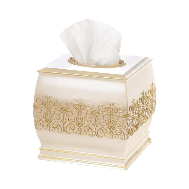 Creative Scents Shannon Tissue Box Cover Square - Decorative Tissue Box Holder for Bathroom - Beige and Gold Tissue Cover with Durable Bottom Slider