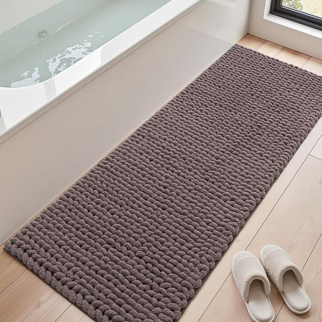 DEXI Bathroom Runner Rugs 24x60, Non Slip Washable Long Bath Mat, Luxury Chenille Super Absorbent Ultra Thick Bathmats for Shower Floor, Plush Fluffy Shaggy Carpet for Tub, Brown