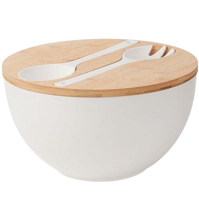 ECOHAGOU 11.3" Salad Bowl with Wooden Lid, 6.5QT Extra Large Salad Serving Bowl with Utensils for Kitchen, Bamboo Fiber Salad Bowl Set with Servers, Big Bowl for Mixing Salad,Fruit (Matte White)