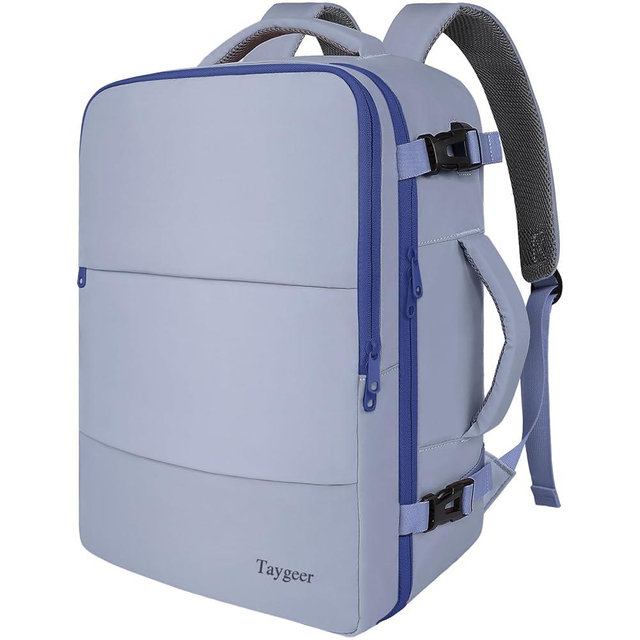 Taygeer Large Travel Backpack for Men Women, 35L Carry On Backpack Airline Approved, Personal Item Travel Bag with USB Charging Port & Shoe Compartment, Laptop Backpack for Gym Hiking, Gray Blue