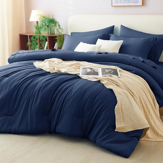CozyLux King Comforter Set Navy Blue, 7 Pieces Bed in a Bag Bedding Comforter Set with Sheets, All Season Boho 7PC Bed Sets with Comforter, Fitted Sheets, Flat Sheets, Pillow Shams and Pillowcases