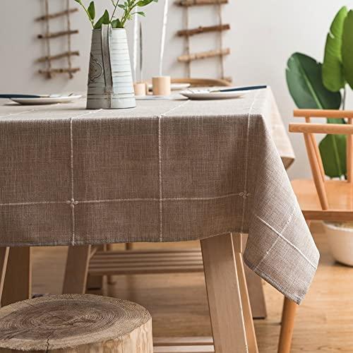 ColorBird Solid Embroidery Lattice Tablecloth Cotton Linen Dust-Proof Checkered Table Cover for Kitchen Dinning Tabletop Decoration (Rectangle/Oblong, 52 x 102 Inch, Linen)
