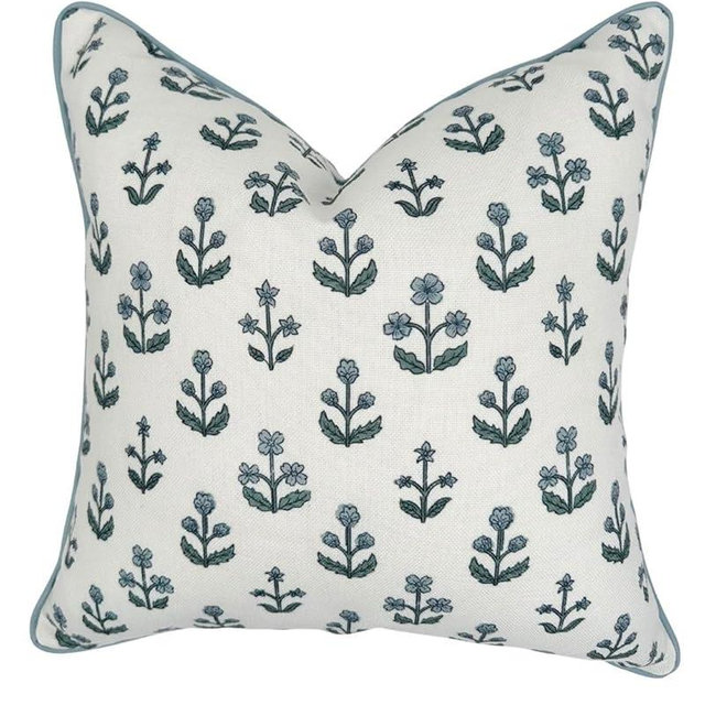 Jillien Harbor "The Beau” Floral Block Print Pillow Cover – Blue Decorative Throw Pillow Cover with White Background – Grandmillennial Home Decor, 20" x 20"