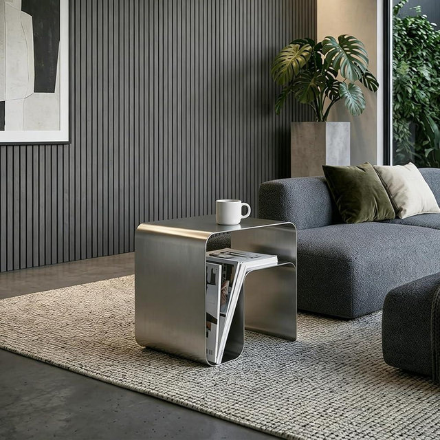 Minimalist Stainless Steel End Table, Modern Steel Frame Side Table and Sofa Table, Small Nightstand for Living Room Bedroom Office (17.7"x13.8"x17.7")