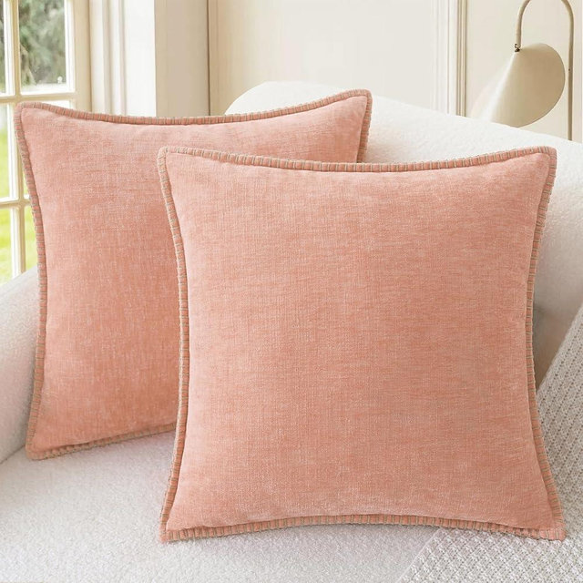 CaliTime Throw Pillow Covers Decorative 24 X 24 Inches Pack of 2 Cotton Thread Stitching Edges Solid Dyed Soft Chenille Cushion Cases for Couch Sofa Bed Living Room Farmhouse Dusty Pink