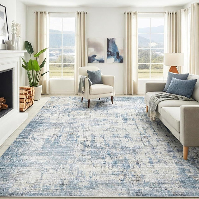Syrlfar Area Rugs 8x10 Living Room Rug Washable No Slip Low Pile Soft Thickness Large Carpets Indoor Floor Covering for Bedroom Dining Modern Abstract Home Office Decor Blue