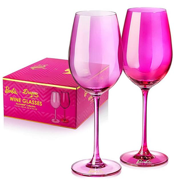 Barbie Wine Glasses, Barbie x Dragon Glassware Collection, Magenta and Pink Crystal Glass for Red and White Wine, Officially Licensed with Premium Packaging for Gifting, 17.5-Ounce, Set of 2