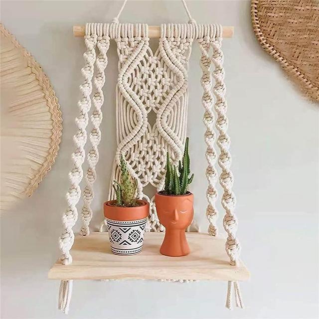 Macrame Wall Hanging Shelf - Bohemian Wall Decor for Bedroom - Woven Rope Macrame Wall Art as Boho Bathroom Shelf Decor - Macrame Shelf Wall Hanging Plant Hanger with Crochet Wall Hangings
