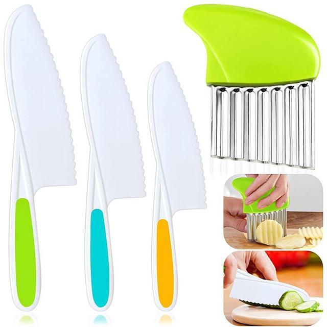 4 Pcs Kids Knife Set, Kids Safe Cooking Knives, Nylon Kids Kitchen Knife with Crinkle Cutter, Serrated Edges Plastic Toddler Knife Kids Knives for Real Cooking & Cutting Fruit, Bread, Lettuce