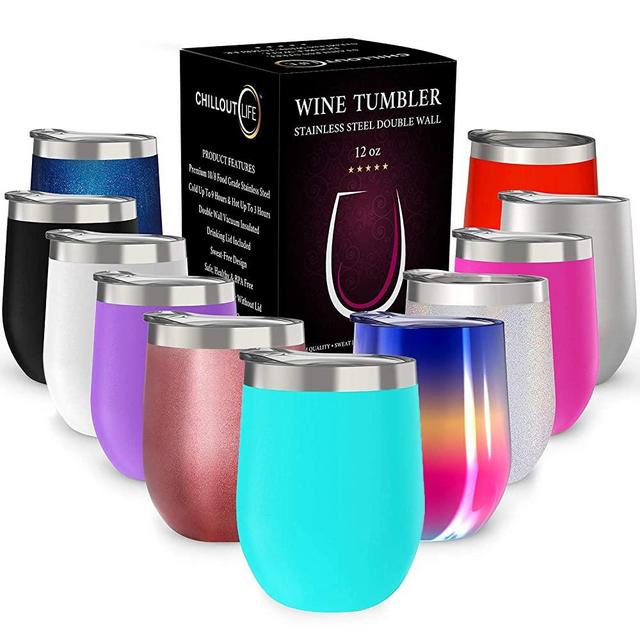 CHILLOUT LIFE 12 oz Stainless Steel Tumbler with Lid & Gift Box - Wine Tumbler Double Wall Vacuum Insulated Travel Tumbler Cup for Coffee, Wine, Cocktails, Ice Cream - Sweat Free, Powder Coated Tumble