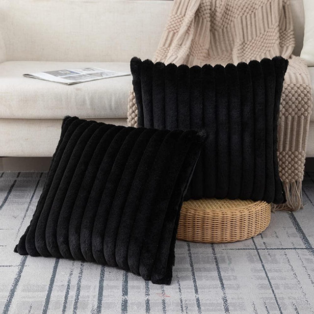 ZLINA Set of 2 Faux Fur Plush Black Throw Pillow Covers Fuzzy Striped Pillowcase Cushion Covers 18 x 18 Inch Decor Sofa Couch Bedroom