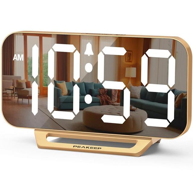 Peakeep Slim Digital Mirror Clock, Aesthetic Alarm Clock for Desk - Plug in Electric Clock Big LED Modern Decorative Small Table Clock for Office Living Room, Battery Backup, 6 Dimmers (Gold)
