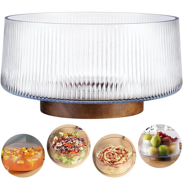 NiHome Extra Large Glass Salad Bowl with Natural Acacia Wood Base, Ribbed Design Oversized Capacity for Family Dinners, Parties & Gatherings, Multipurpose for Serving Salads, Fruits, Wine