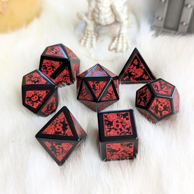 Obsidian Rose Vine Gemstone Dice Set, D&D dice, Dungeons and Dragons, TTRPG Dice. Real Gemstone Dice Set. Etched Roses and Vines