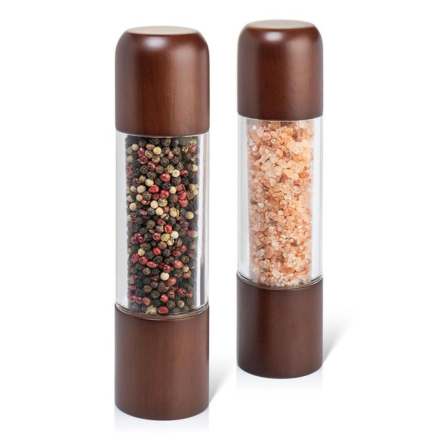 Salt and Pepper Grinder Set - Acrylic Salt and Pepper Grinders - Refillable Wooden Salt and Pepper Mill 8 inch Set of 2