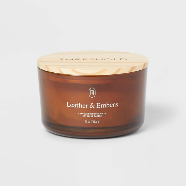 3-Wick Amber Glass Wooden Wick Leather and Embers Jar Candle 13oz - Threshold™