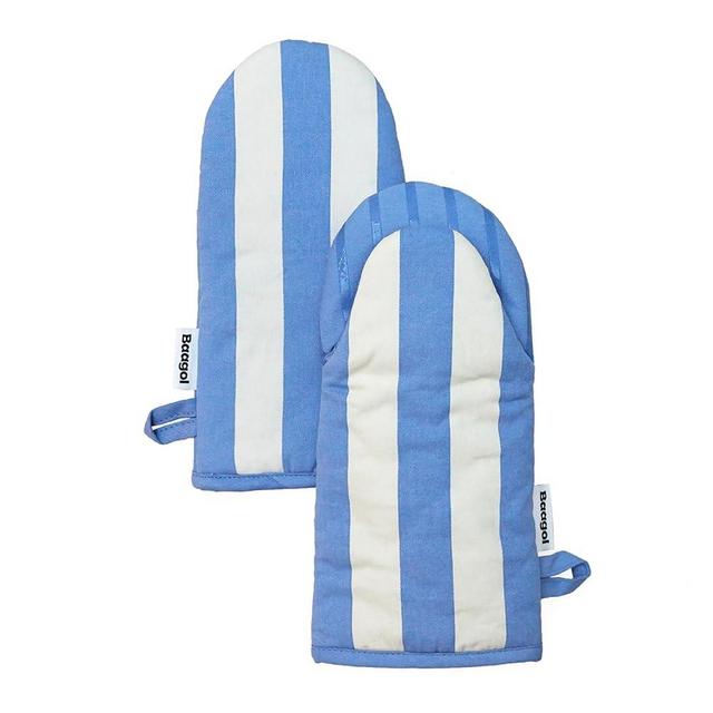 Baagol Non-Slip Cotton Kitchen Oven Mitt Set, Modern and Cute Kitchen Mittens with Non-Slip Silicone Grips and Hanging Loops, 2 Piece, 12" x 5.5" (Blue Cheese)