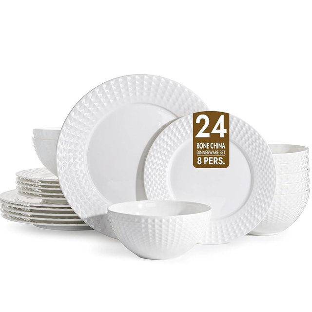 KINGSTONE Bone China Dinnerware Set, 24-Piece White Lightweight Porcelain for 8, Plates and Bowls with Rhombus patterned edge design, Microwave and Dishwasher Safe, for Family, Restaurant, Gifting