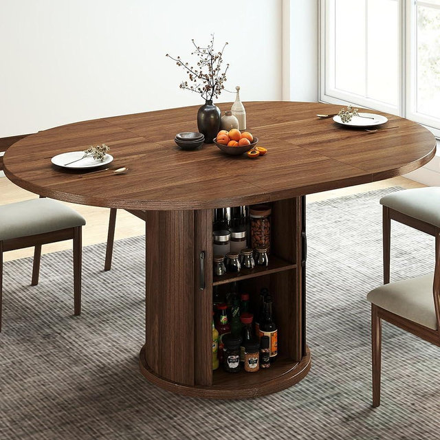 Limirix 47.2"–63" Extendable Dining Room Table for 4-8, Round-to-Oval Expandable Dining Table with Dust-Proof 2-Tier Shelf, Space-Saving Wood Kitchen Table for Living Room, Walnut