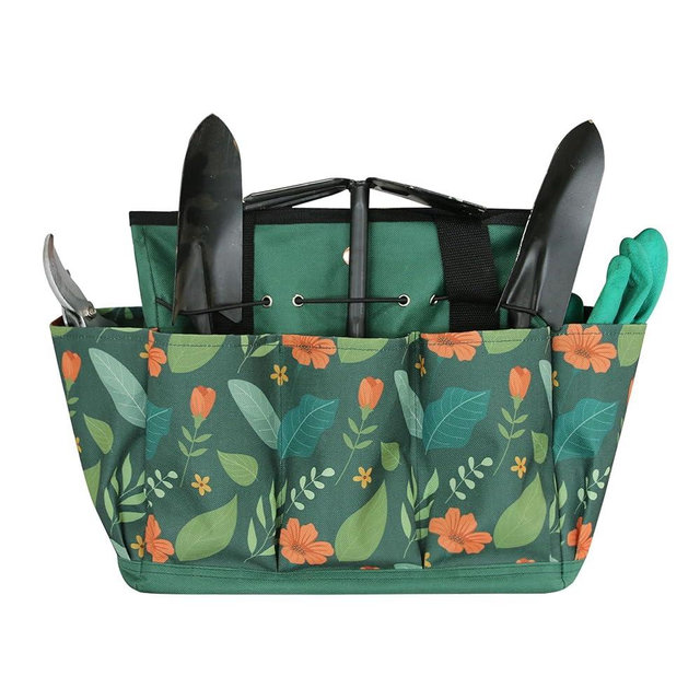 GeerDuo Garden Tool Bag, Portable Garden Tote Bag with Handle, Oxford Garden Tool Organizer Bag, Ideal Gardening Gifts for Wife and Parents, Tools Not Included(Green Flower)