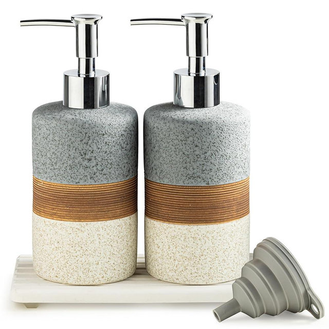 Cormomu Ceramic Soap Dispenser Set(2 Pack) – Hand Soap, Dish Soap, Shampoo & Shower Soap Dispenser for Bathroom & Kitchen, Stainless Steel Pump, Includes Silicone Funnel & Diatomaceous Tray, Gray