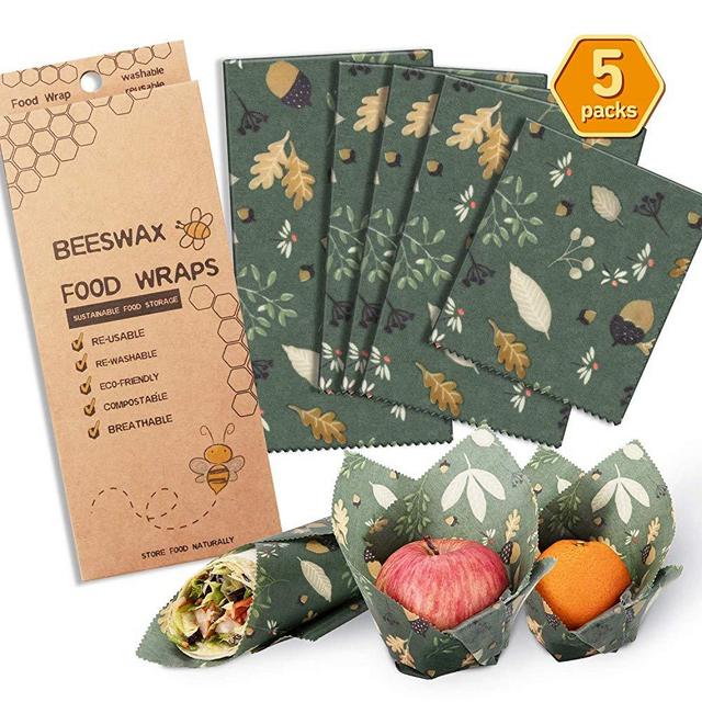 Beeswax Wrap Assorted 5 Packs, Eco Friendly Reusable Food Wraps, Biodegradable, Sustainable Plastic Free Food Storage- 1 Small, 3 Medium, 1 Large- Say Goodbye to Plastic