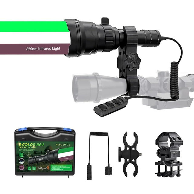Odepro KL62Plus Green White IR850 Zoomable Hunting Light 850nm Long Range IR Illuminator for Night Vision Scope Mount Infrared Flashlight with Stepless Dimming Switch for Hog Coyote Predator Hunting