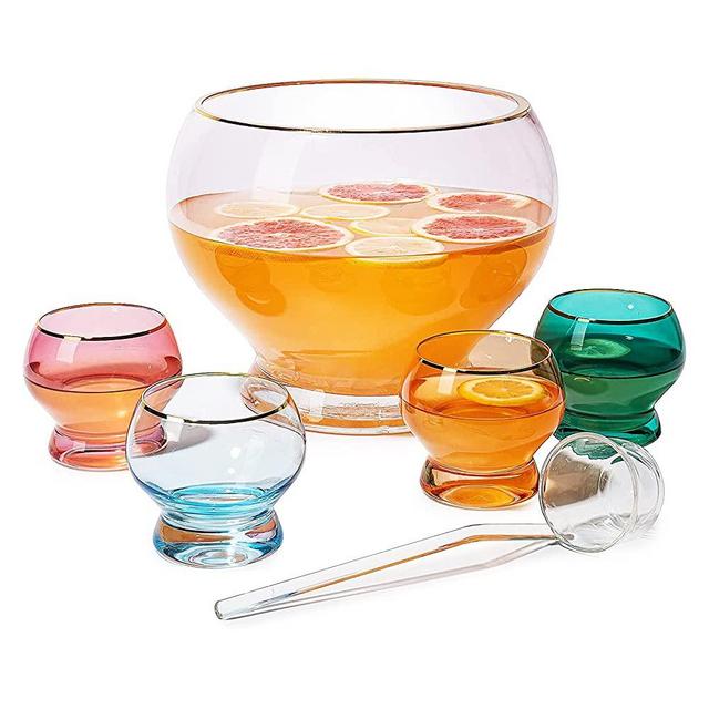 Colorful 1.7 Gallon Punch Bowl with 4 10oz Glasses Set with Ladle by The Wine Savant 12" H 8" D - Colored Punch Bowl Set Margarita, Cocktails, Juice, Milkshakes, Punch Drink bowl for Parties, Weddings