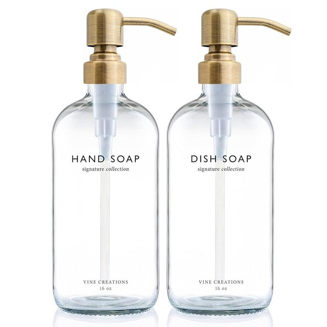 Vine Creations Clear Glass Soap Dispenser Set, Dish Soap and Hand Soap Dispenser Set with Stainless Steel Pump, 16 oz Glass Dispensers for Kitchen Bathroom Decor (Clear Bottle/Brushed Brass Pump)