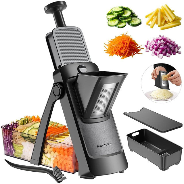 SupMaKin 8 IN 1 Upgraded Safe Mandoline Slicer,Multi Vegetable Chopper,Potato Slicer, Onion Chopper with Drain Basket Storage Container, Cheese Grater Kitchen Chopping Artifact (Black)
