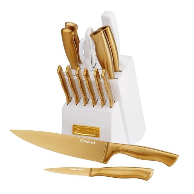 Cuisinart Professional Block Knife Set, 15pc Cutlery Knife Set with Steel Blades for Precise Cutting, Lightweight, Stainless Steel, Durable & Dishwasher Safe (White/Gold)