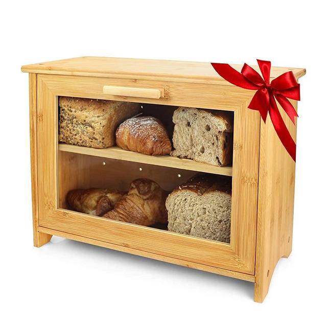 PRISTINE BAMBOO Bread Box - Baker Designed, Freshness for Days - 2 Layer Large Breadbox for Homemade Bread, Bread Bin for Kitchen Countertop, Double Bread Storage Container (assembly required)