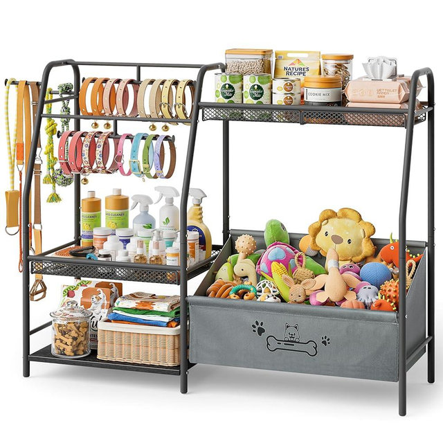 Lomivra Large Dog Toy Basket with Dog Storage Organizer, Trapezoid Toy Bin Box with Collar Leash Holder Hook, Dogs Toy Holder Chest Pet Storage Cabinet for Living Room Dogs Essentials