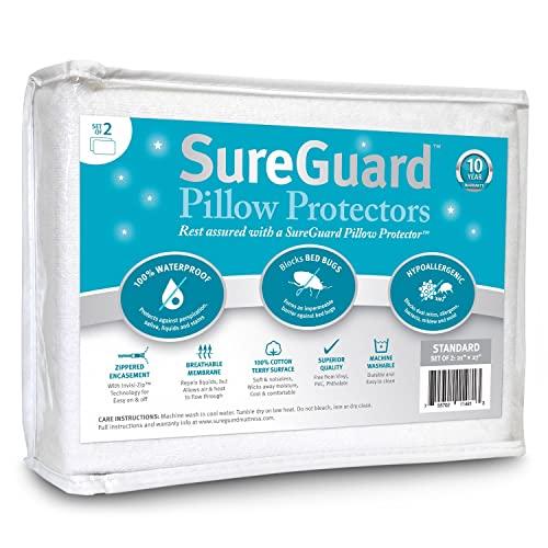 Set of 2 Standard Size SureGuard Pillow Protectors - 100% Waterproof, Bed Bug Proof, Hypoallergenic - Premium Zippered Cotton Terry Covers - 10 Year Warranty