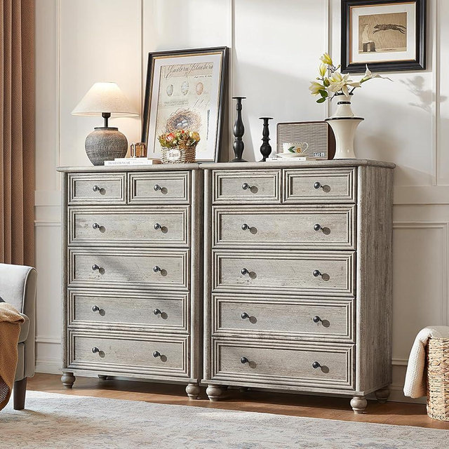 RWYHG Farmhouse 6 Drawer Dresser Set of 2, Chest of Drawers for Bedroom, 43.5" Tall Grey Dresser with Roman Column, Rustic Wood Storage Dressers Organizer for Living Room, Hallway, Closet