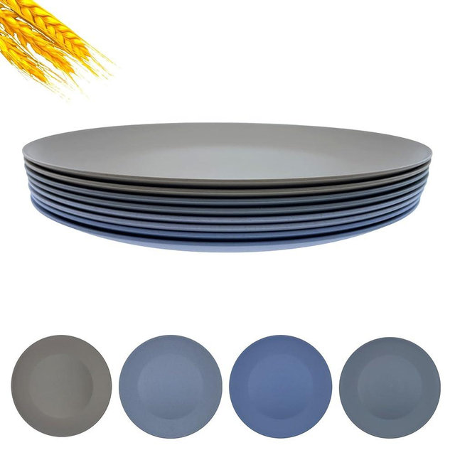 WEXINHAO 10 inch Wheat Straw Plate, Unbreakable Flat Dinner Plates Set of 8, BPA Free Dishwasher & Microwave Safe Reusable Salad, Camping for Kids Kitchen (Grey Stone)