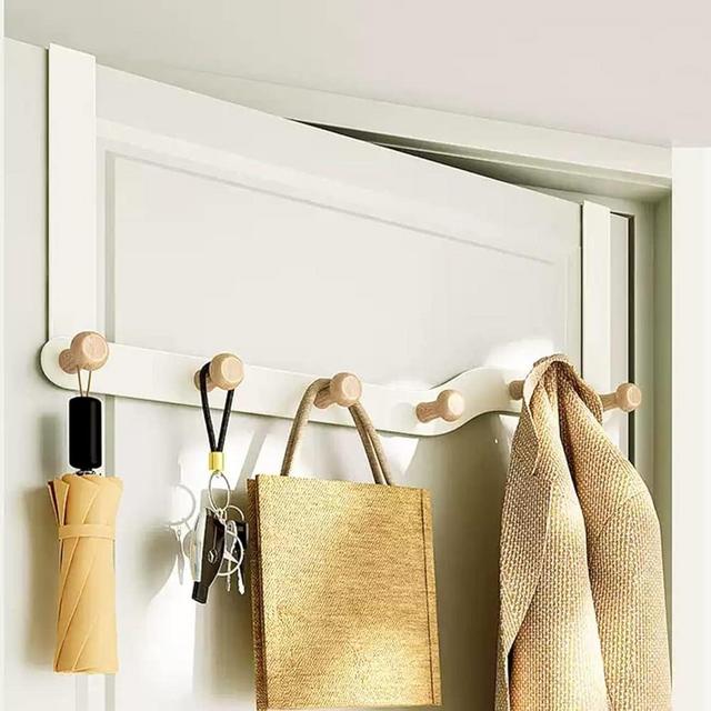 LAKNUY Over The Door Hooks Hanger for Clothes with 6 Wooden Hook，Over The Coat Hanger Hanging Coats Towel Rack for Towels, Clothes, Back of Bathroom Bedroom（Off White）
