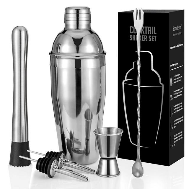 Cocktail Shaker Set, 6-Piece Bartender Kit Premium Shakers Bartending: Martini Shaker Measuring Jigger Mixing Spoon Muddler 2 Pourers Bar Tools Set with Built-in Bartender Strainer for Drink Shaker