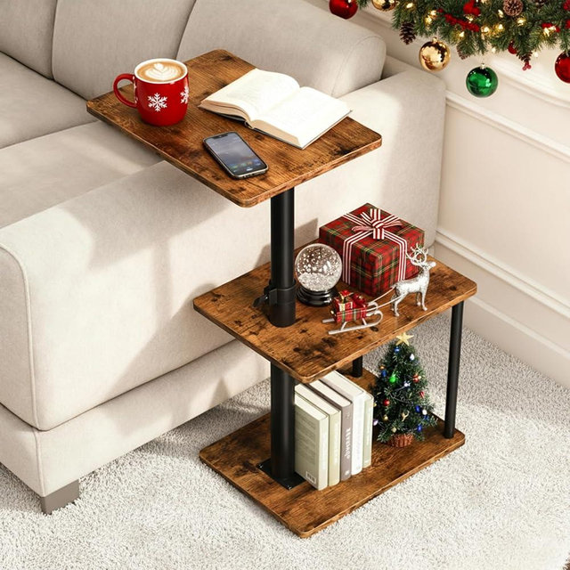 Faesun 360° Swivel Side Table for Height Adjustable, C Shaped End Table for Couch with Storage, 3-Tier Night Stand with Open Shelf, Tv Tray for Small Spaces, Living Room, Bedroom, Rustic Brown