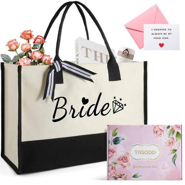 Bride Can-vas Embroidery Tote Bag w Inner Pocket Gift Box Card, Bride Bridal Shower Gift, Bride Bag, Bride to be Gifts,Personalized Gifts for Christmas Engagement Wedding Friends Birthday Anniversary
