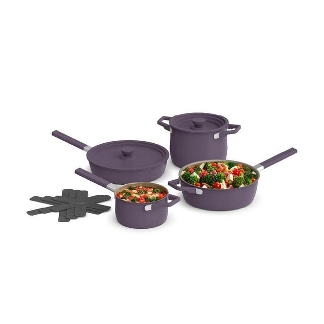 bella 9 Piece StoreMore Cookware Set, Fits-anywhere™ Kitchenware w EverGood™ Ceramic Nonstick Coating​, Dishwasher & Oven Safe, All Stovetops Compatible, Stackable Design, Cool Touch Handles, Plum