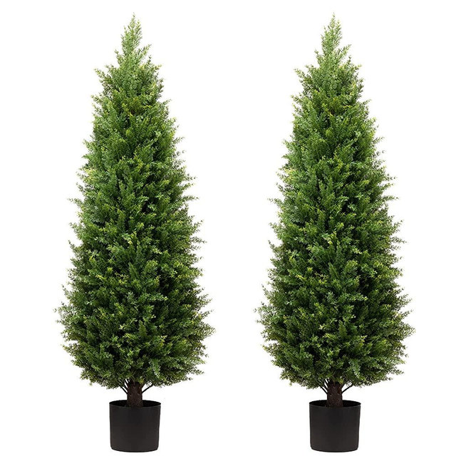 ECOLVANT Two 4 Foot Artificial Cedar Trees UV Rated Potted Plants Artificial Topiary Artificial Shrubs Tree for Indoor Outdoor Home Garden (Green)