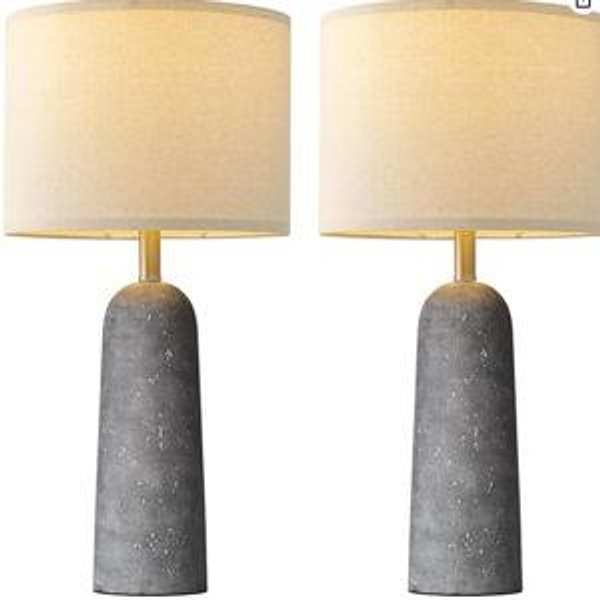 BOBOMOMO 27.25" Modern Table Lamp Set of 2, Gray Resin Lamp with Natural Stone Look, Lamps for Living Room with Linen Shades, Nightstand Lamp for Bedroom, Living Room, Entryway